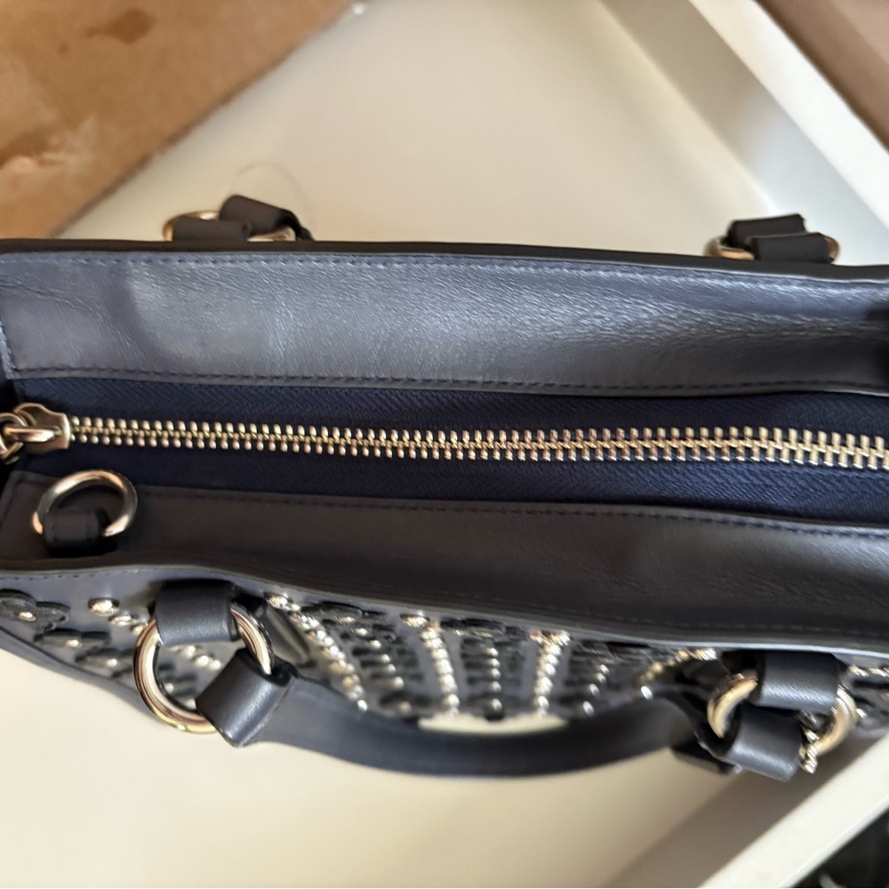 NWOT! Coach, dark blue leather mini Crosby carryall with floral rivets - Picture 3 of 8